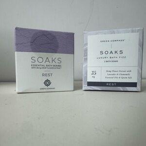 Green Compass bath fizz and soaks. One box has a little damage on the back.